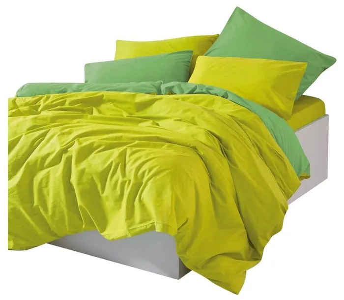 Жълто-зелено двойно удължено спално бельо от памук Renforcé с включен долен чаршаф, 4 части 200x220 cm Sage – Mijolnir