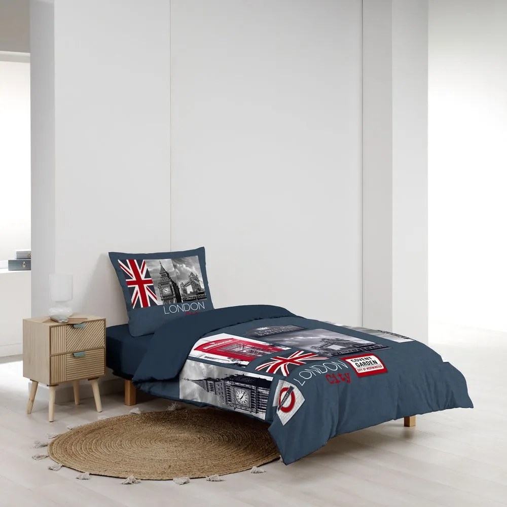 Тъмносиньо единично памучно спално бельо 140x200 cm City London – douceur d'intérieur