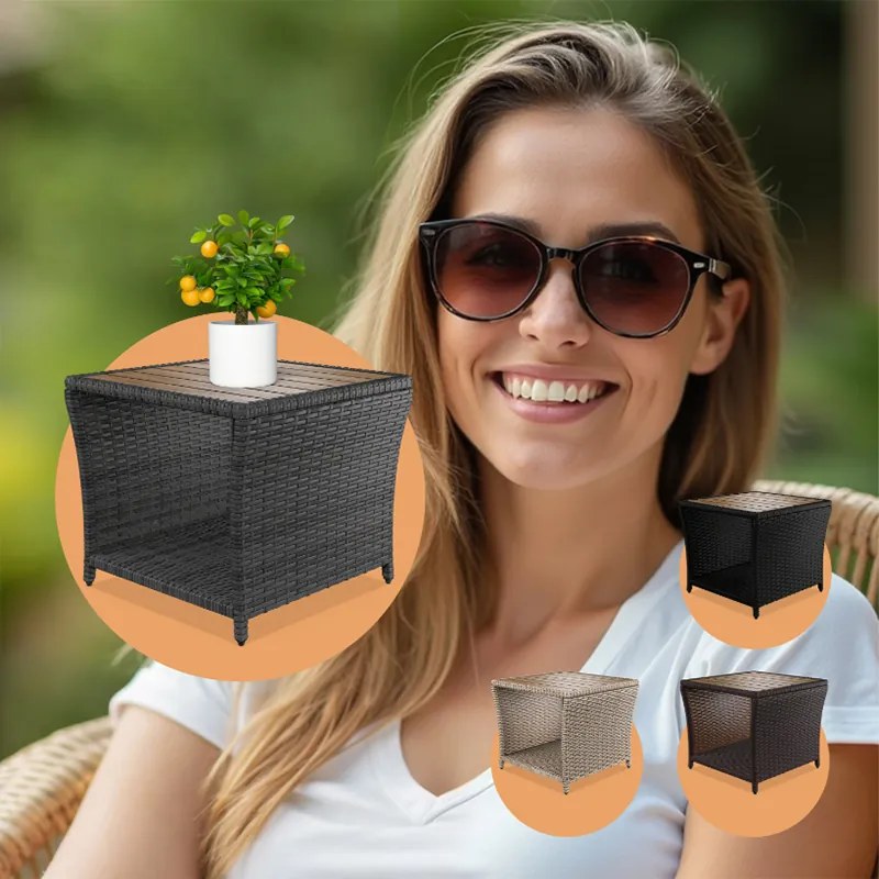 Странична маса от полиротанг с плот от акациева дървесина 45 × 45 cm Сив