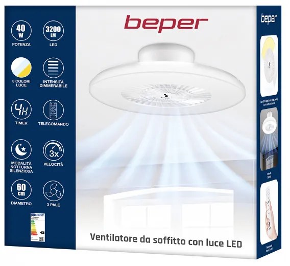 Разопакован: Вентилатор за таван с LED лампа 2в1 Beper P206VEN650, 40W, 3 скорости, Таймер, Бял