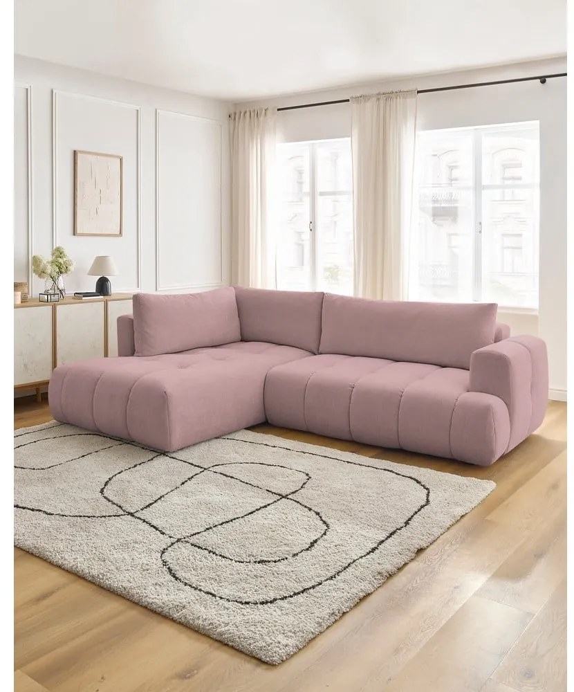 Розов сгъваем/с място за съхранение ъглов диван (ляв ъгъл/L форма) Fuji – Bobochic Paris