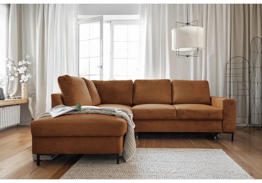 Оранжево-кафяв разтегателен ъглов диван от рипсено кадифе (ляв ъгъл) Lofty Lilly – Miuform