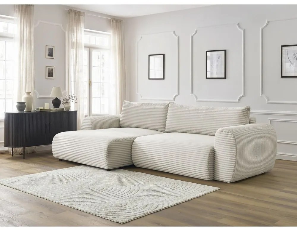 Кремав разтегателен ъглов диван от рипсено кадифе (ляв ъгъл) Lucien – Bobochic Paris