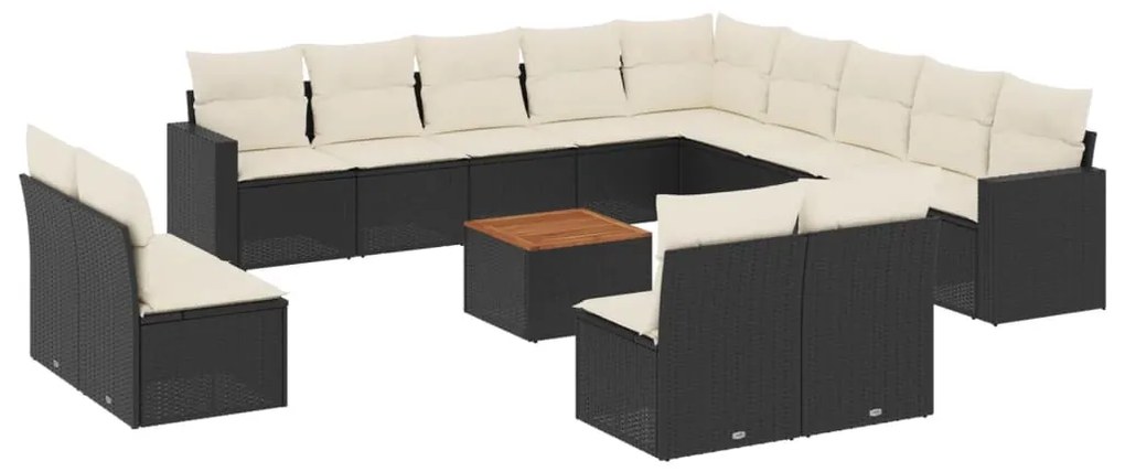 3256707 vidaXL Градински диван с възглавници, 14 части, черен, полиратан