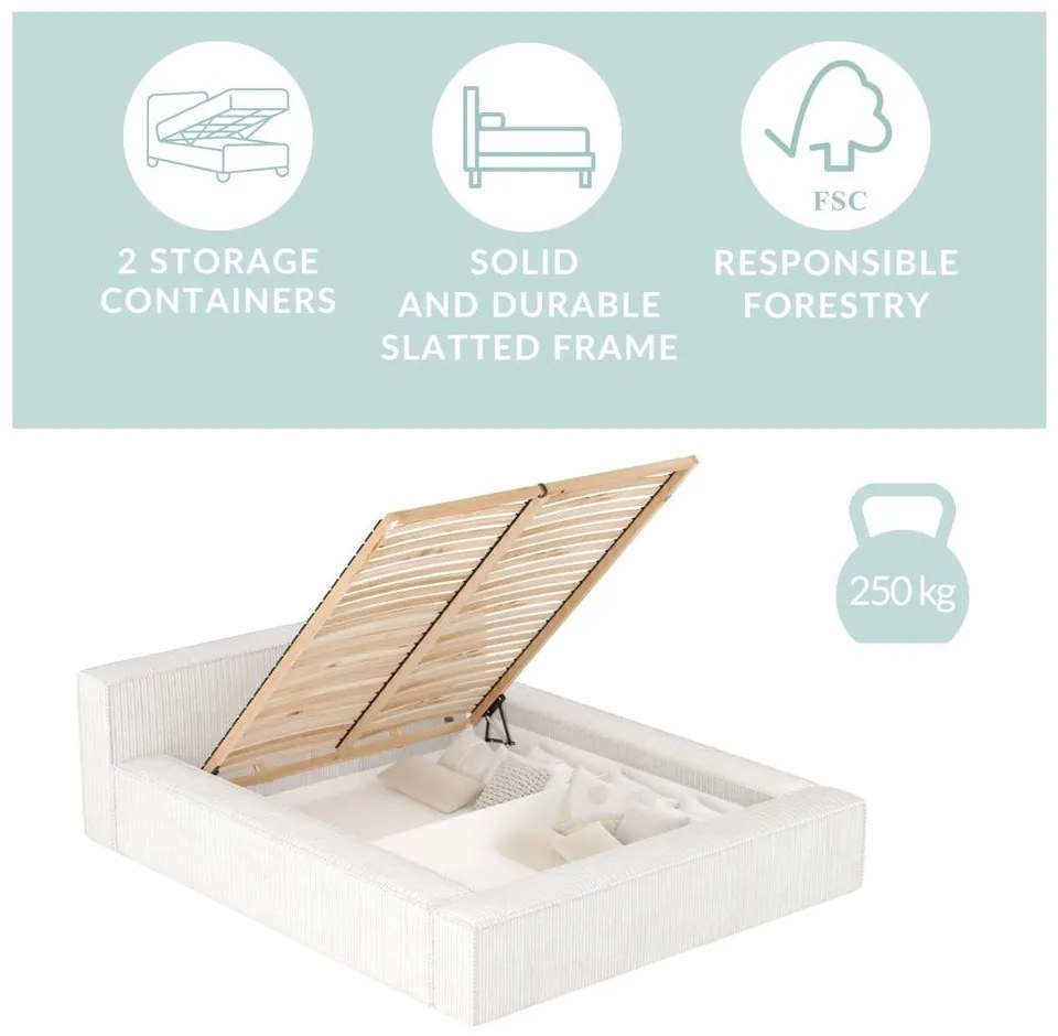 Кремаво двойно легло 140x200 cm тапицирано с място за съхранение с включена подматрачна рамка Voliera – Maison de Rêve