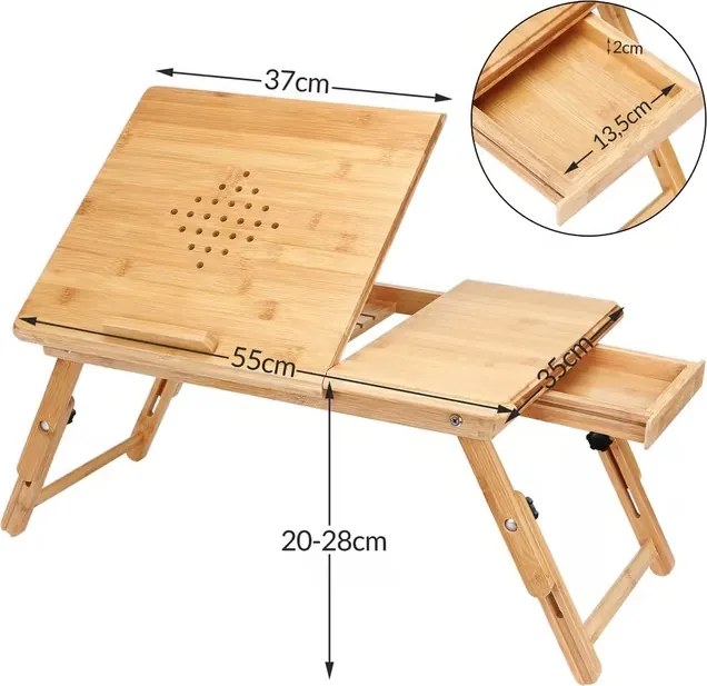 Бамбукова масичка за лаптоп с вентилационни отвори и чекмедже 55 x 28 x 35 cm