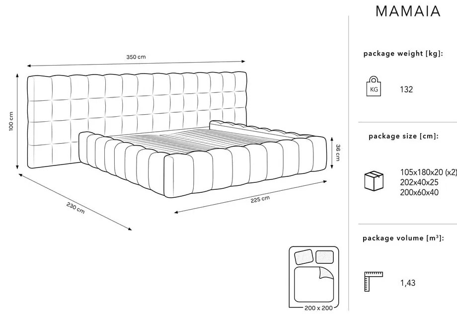 Тъмносиньо тапицирано двойно легло с място за съхранение с включена подматрачна рамка 200x200 cm Mamaia – Micadoni Home
