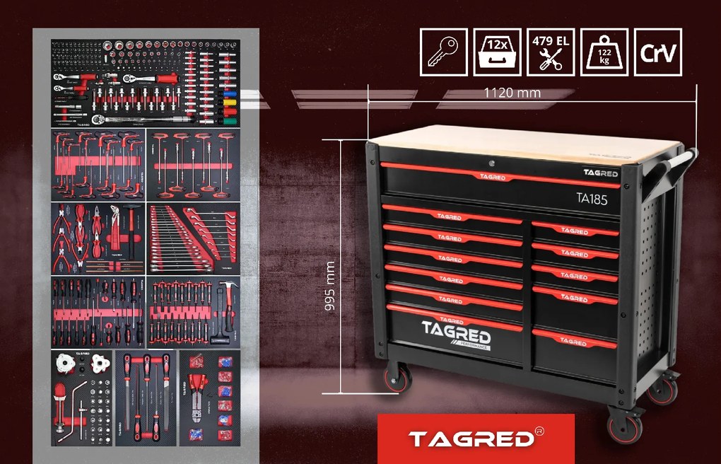 PERFORMANCE XXL работен количка с 12 чекмеджета, 479 бр. TA185