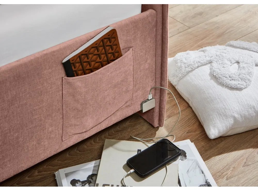 Розово тапицирано ъглово детско легло 90x200 cm без ламелно дъно Fun – Meise Möbel