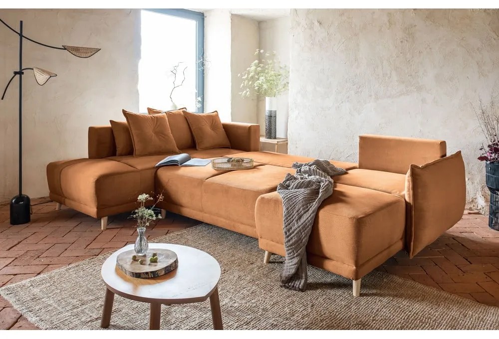 Ъглов разтегателен диван от велур в тухлен цвят (ляв ъгъл/"U") Lazy Lukka - Miuform