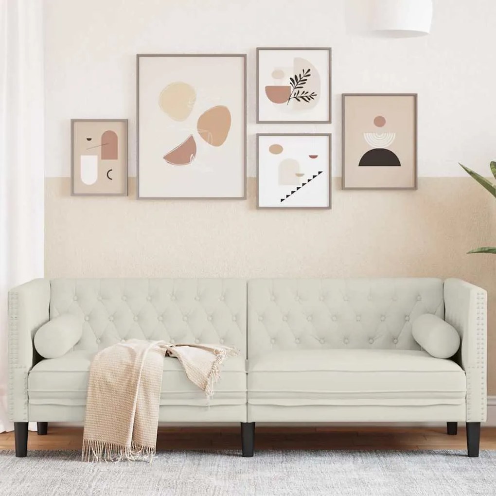 372700 vidaXL Честърфийлд диван с болстери, 3-местен, кремави, кадифе