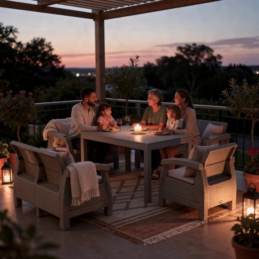 Комфортен градински терасен комплект с 6 места във вид на ратан