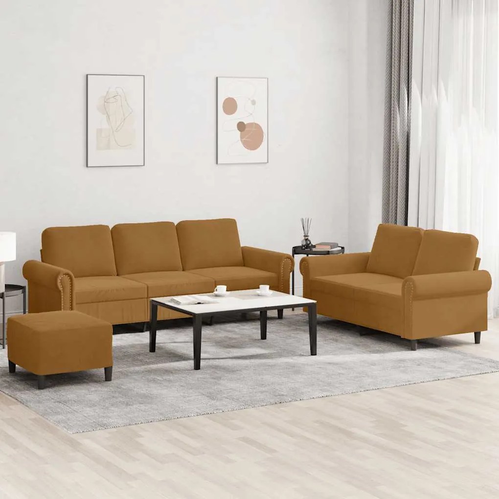 3202267 vidaXL Комплект дивани от 3 части с възглавници, кафяв, кадифе