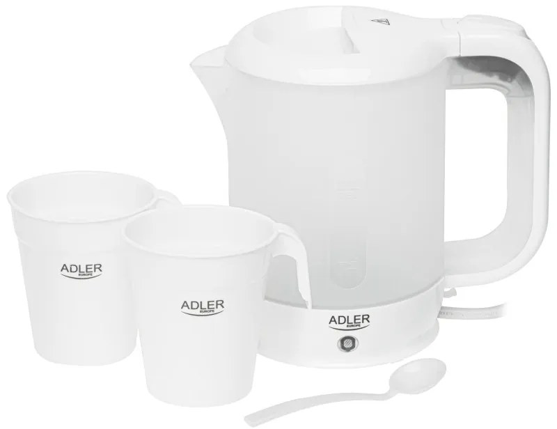 Електрическа кана Adler AD 1381, 900W, 0.5 л, 2 чаши и лъжичка, Защита от работа вода, Бял