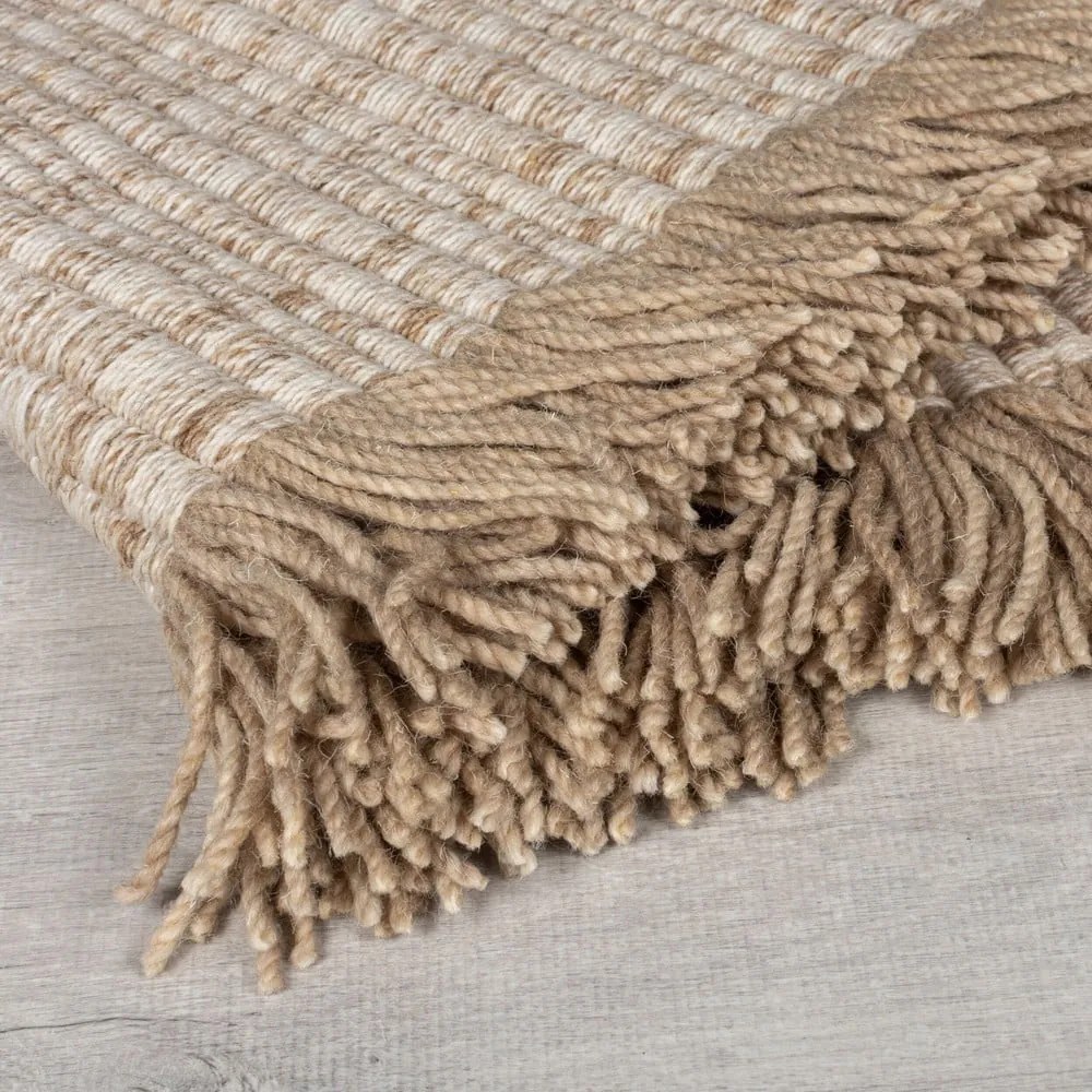 Бежов ръчно изработен килим със смес от вълна 200x290 cm Rene Fringed Ribbed – Flair Rugs