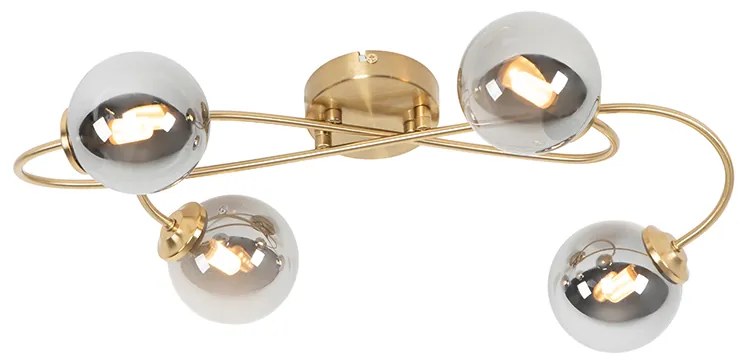 Модерна таванна лампа златиста 4-лампа с димно стъкло - Атина