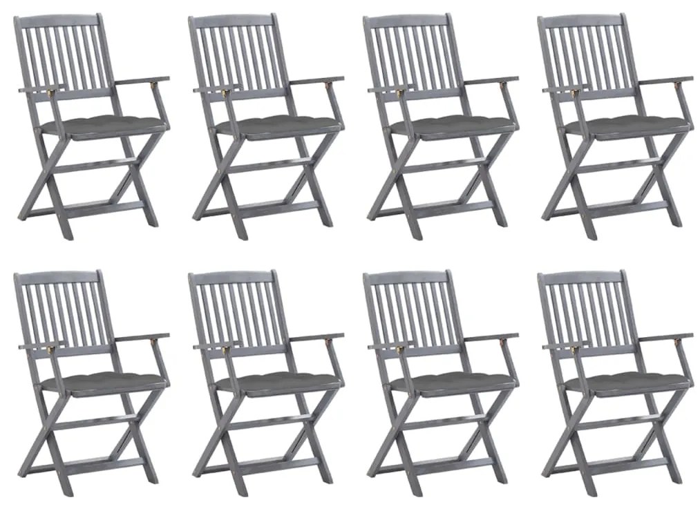 3078278 vidaXL Сгъваеми градински столове, 8 бр, с възглавници, акация масив