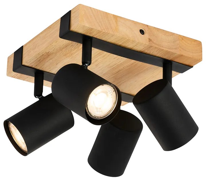 Интелигентен таванен прожектор черен с дърво 4 светлини регулируем вкл. Wifi GU10 50mm - Jeana