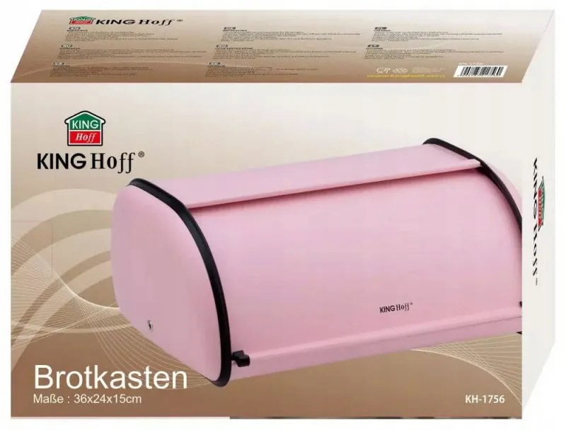 Кутия за хляб Kinghoff KH 1756, 36 см, Лека и здрава конструкция, Стомана, Розов
