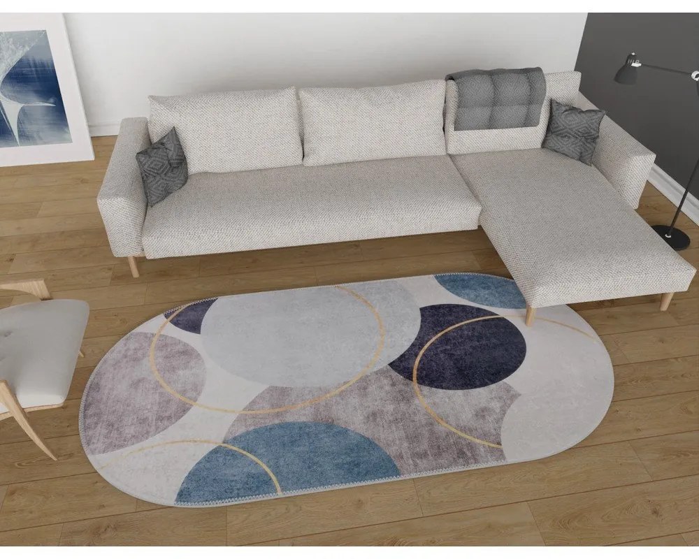 Синьо-сив миещ се килим 80x120 cm Oval - Vitaus