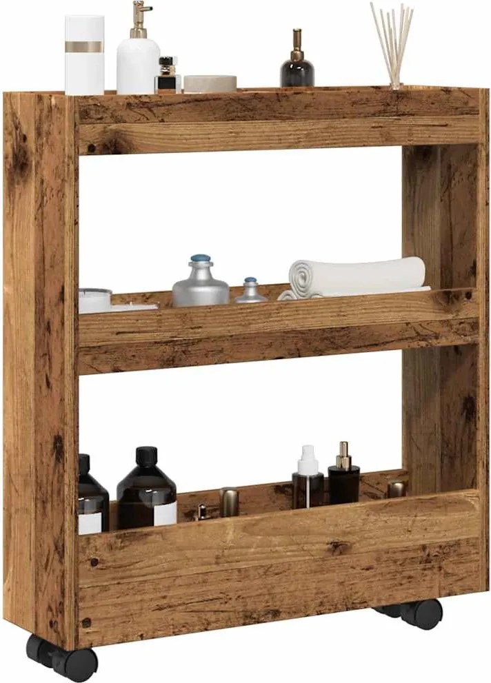 855248 vidaXL Тясна количка за съхранение 3 нива старо дърво инженерно дърво