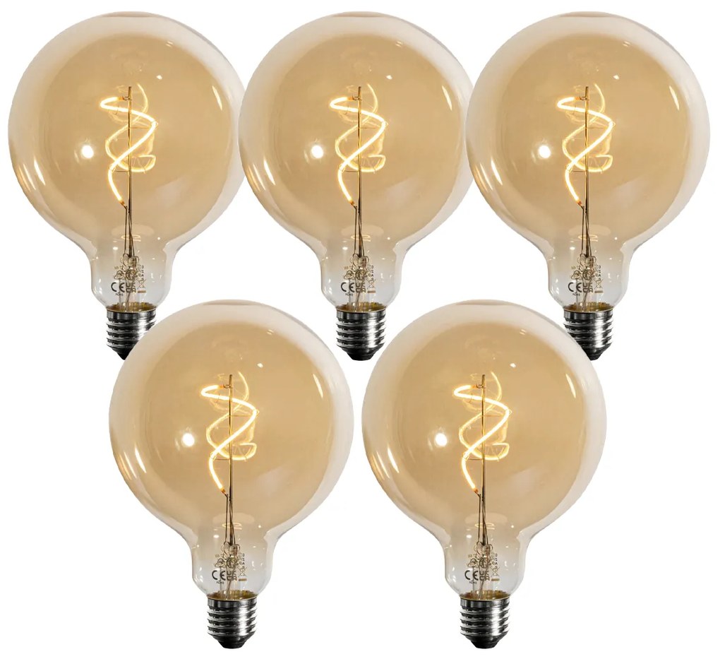 Комплект от 5 димируеми LED крушки E27 със спираловидна нишка, златисти G125 4W 270LM 2700K