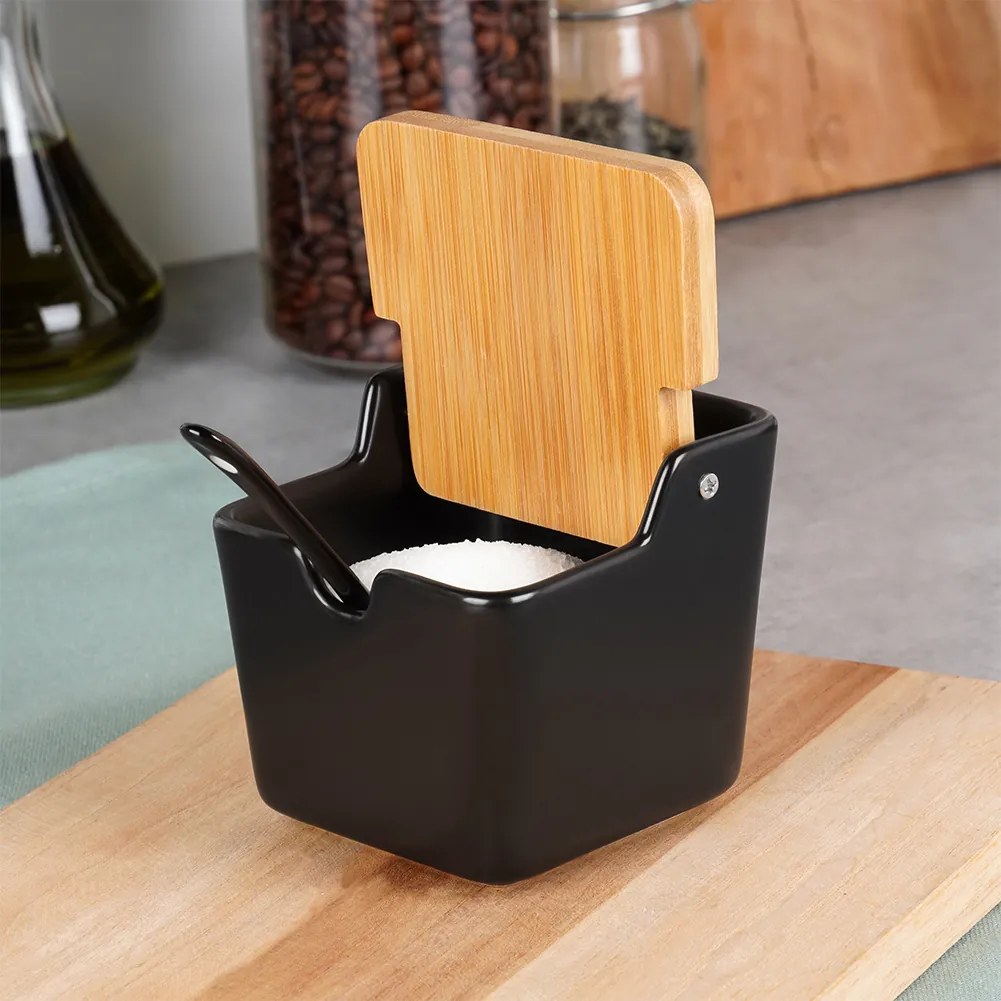 Захарница с лъжица, керамика_бамбук, черна, вместимост 250 мл, размери 9,5x9,5x9см