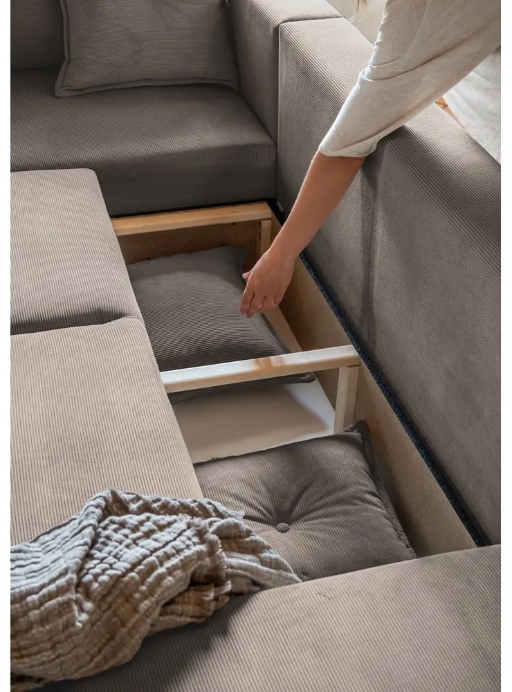 Светлокафяв ъглов диван от велур (ляв ъгъл/U-образна форма) Lazy Lukka - Miuform