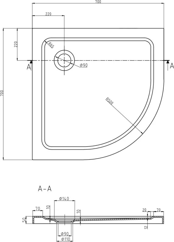 Mexen Flat душ кабина полукръгла, тънка 70 x 70 см, бяла, сифон хром - 41107070