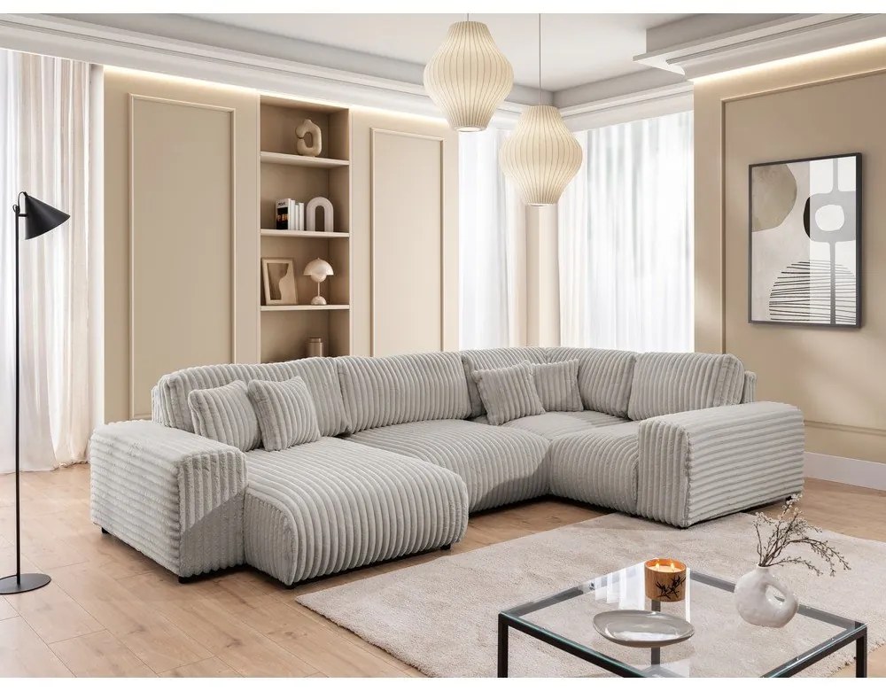Светлосив ъглов диван от рипсено кадифе (десен ъгъл/U форма) Justin – Ropez