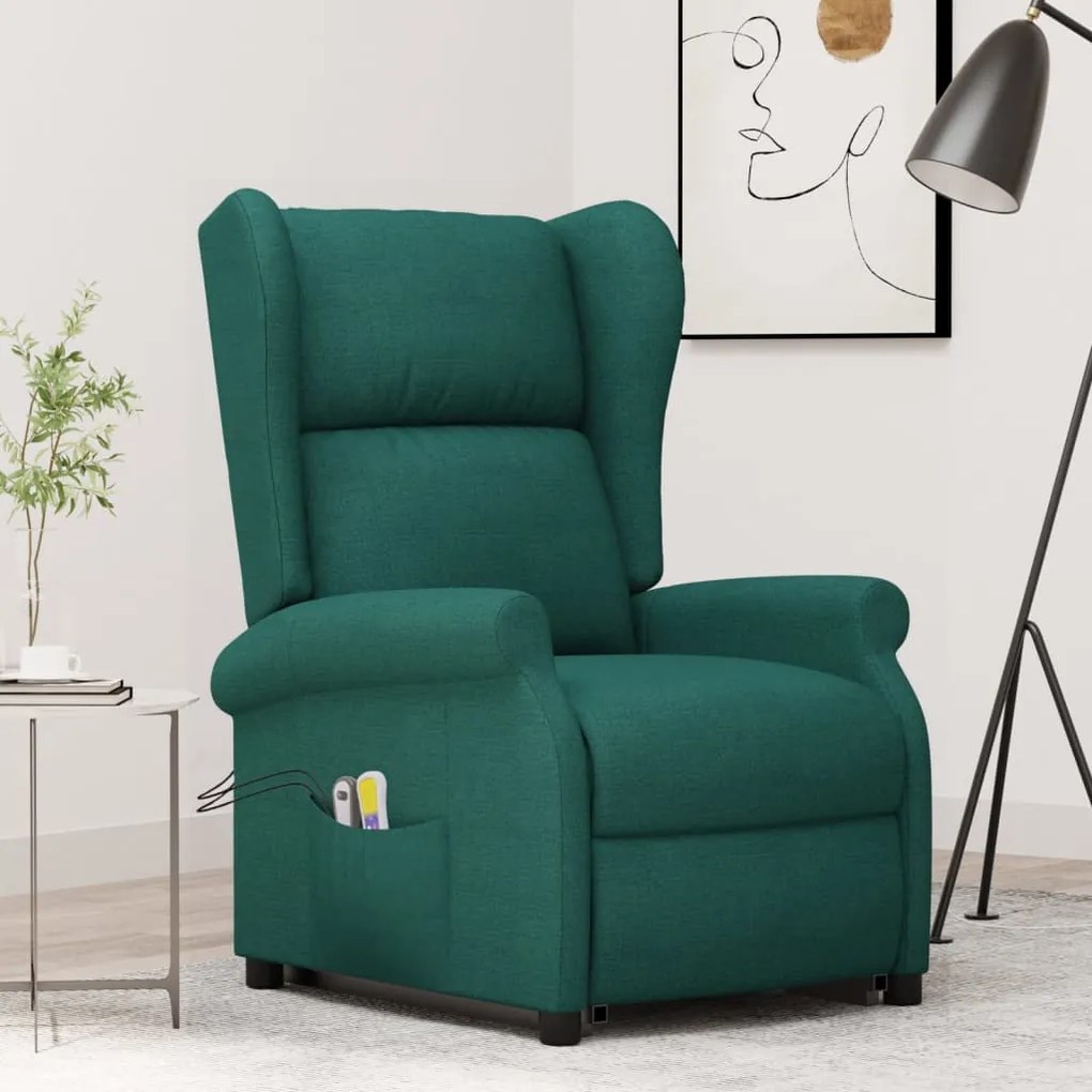 289746 vidaXL Изправящ масажен стол, тъмнозелен, текстил
