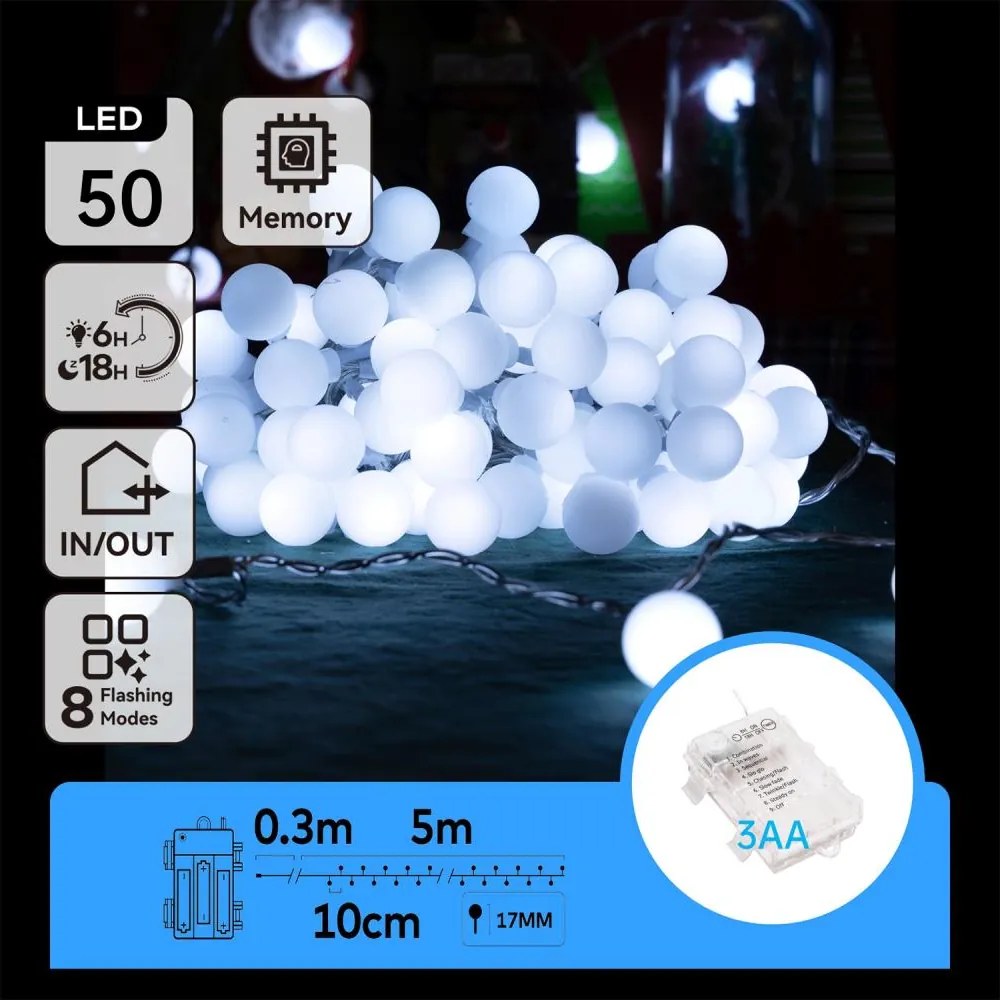 Aigostar - LED външна гирлянда 50xLED/3xAA/8 режима 5,3 m IP44 студено бяло