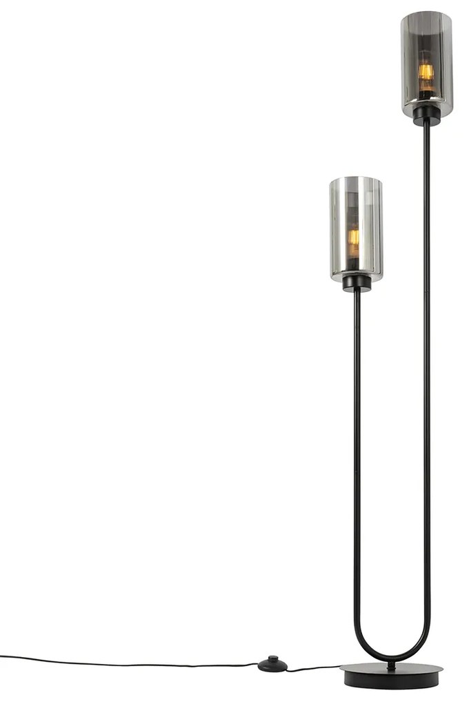 Подова лампа в стил Арт Деко черна с опушено стъкло 2-светлина - Laura