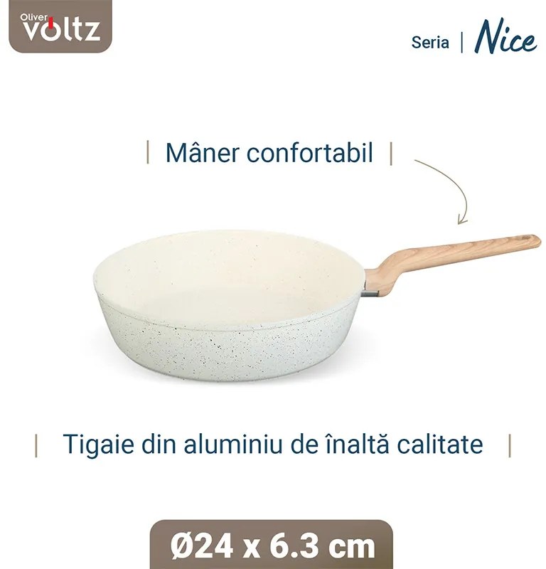 Дълбок тиган Voltz Nice OV54419E24D, 24x6.3 см, Мраморно покритие, Индукция, Кремав меланж