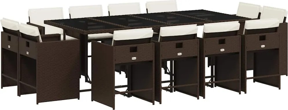 3211221 vidaXL Външен трапезен комплект 13 части с възглавници кафяв полиратан