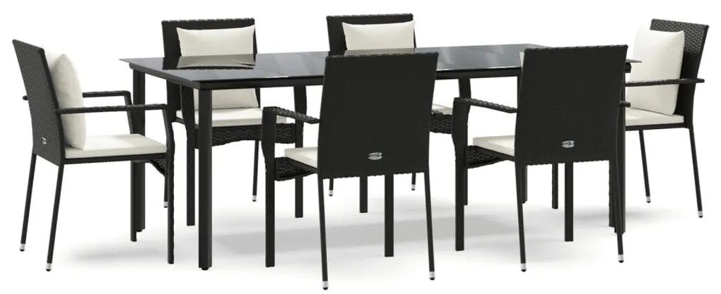 3185111 vidaXL Градински трапезен комплект 7 части възглавници черен полиратан