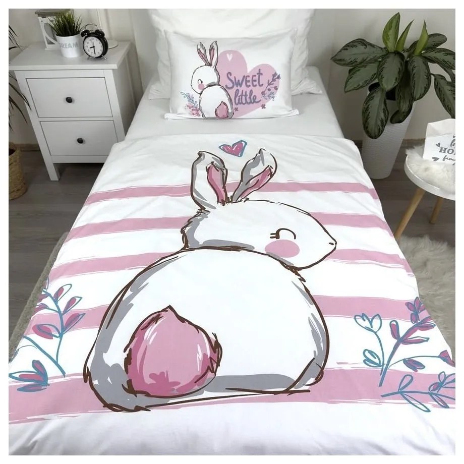 Бяло-розово памучно детско спално бельо за детско креватче 100x135 cm Bunny "Sweet" – Jerry Fabrics