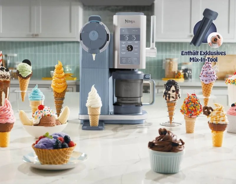 Машина за сладолед 13-в-1 Ninja CREAMi Scoop & Swirl™ NC702EU, 800W, 13 програми, 3-степенен лост за фунийки, CreamiFit, Creamify, 2 купички 473 мл, Персонализация, Син/Сив