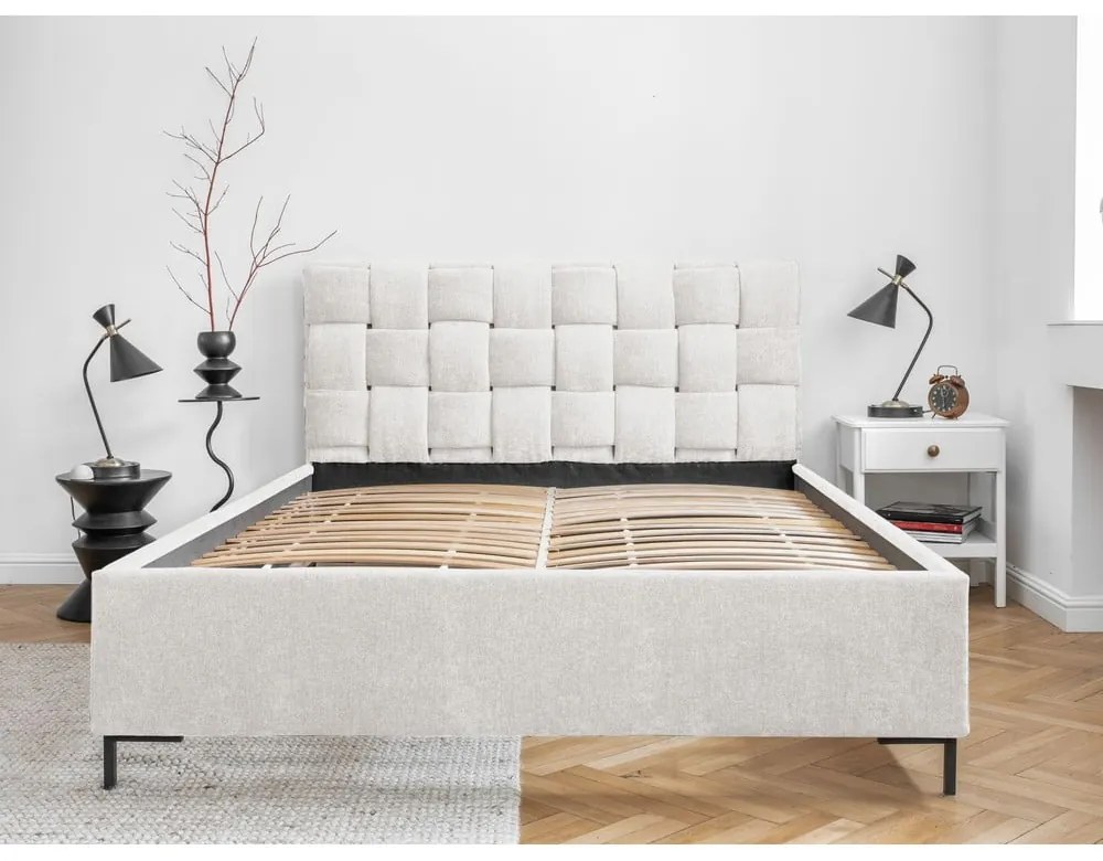 Кремаво тапицирано двойно легло с включена подматрачна рамка 160x200 cm Eve – Miuform