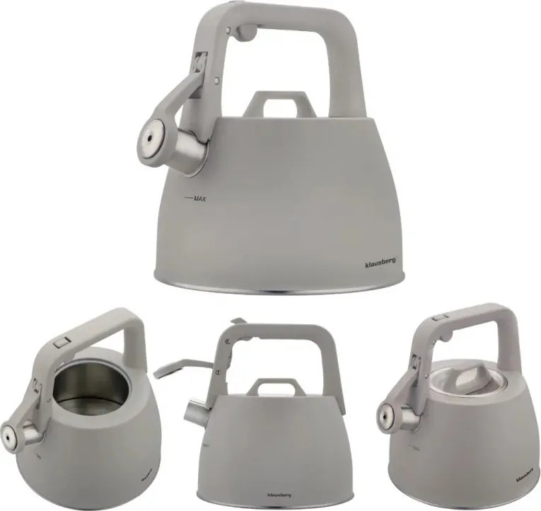 Свирещ чайник Klausberg KB 7916, 2.5 л, Топлоизолирана дръжка, Индукция, Сив