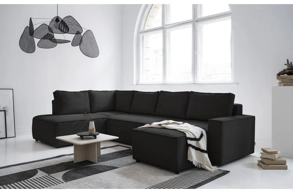 Антрацитен разтегателен ъглов диван от рипсено кадифе (ляв ъгъл/"U" форма) Brave Dave – Miuform