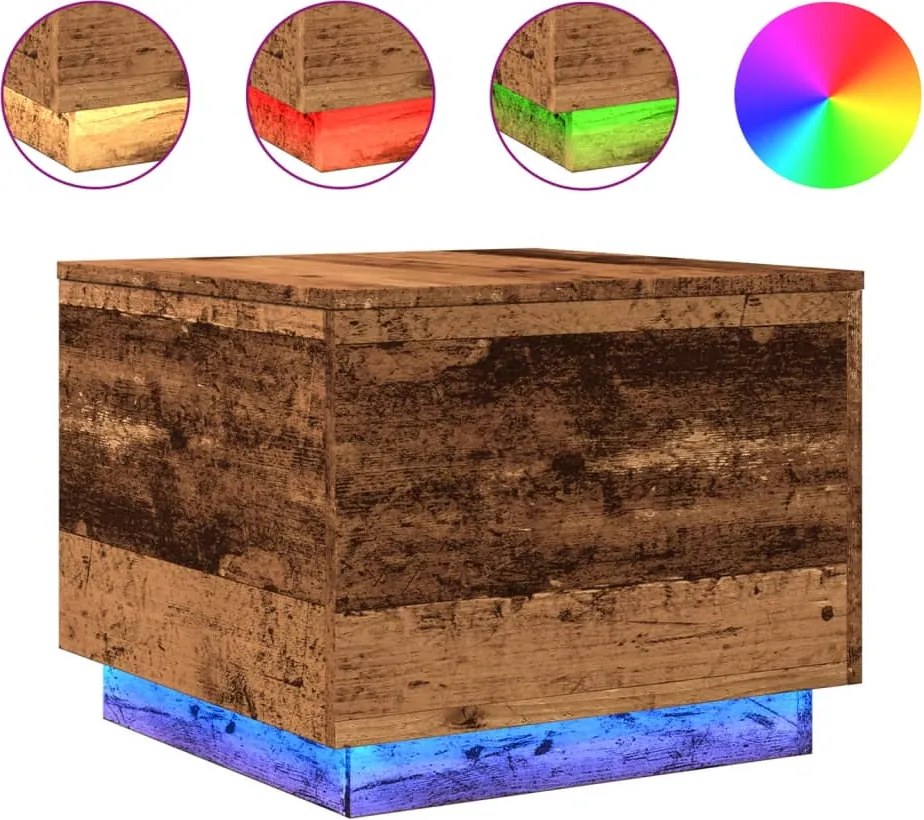 857720 vidaXL Маса за кафе с LED осветление, старо дърво, 50x50x40 см