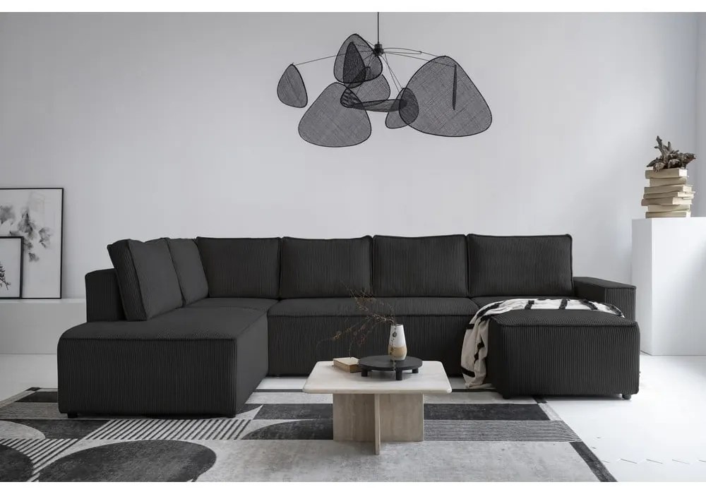 Антрацитен разтегателен ъглов диван от рипсено кадифе (ляв ъгъл/"U" форма) Brave Dave – Miuform