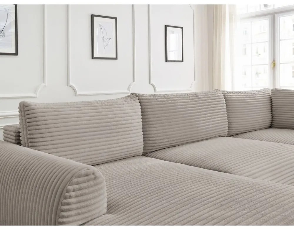 Светлосиво-бежов разтегателен ъглов диван от рипсено кадифе (ляв ъгъл/"U" форма) Lucien – Bobochic Paris