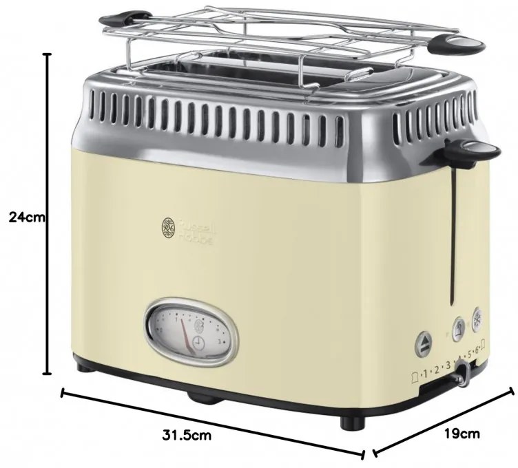 Тостер за хляб Russel Hobbs Retro Vintage Cream 21682-56, 1300W, 2 филийки, 6 нива, Ретро индикаторна скала, Lift & Look, Бързо препичане, Кремав/инокс