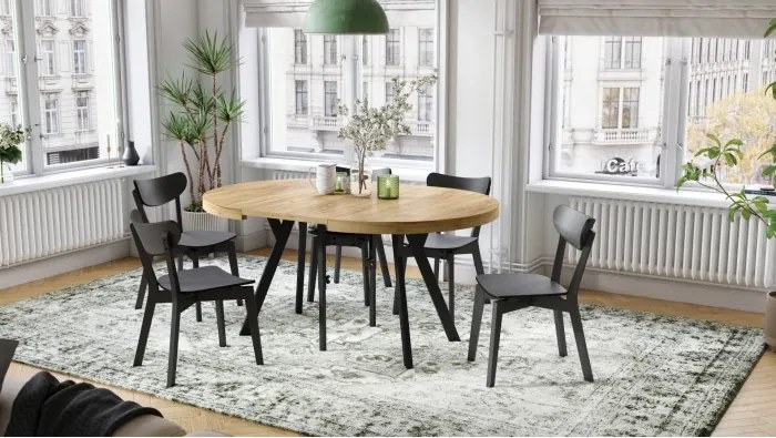 ЕКСПАНСО Дъб Крафт Злато/черни крака - ГОЛЯМА КРЪГЛА МАСА Ø110 РАЗТЕГАТЕЛНА ДО 310 cm С КРАКА Y ЛОФТ/ИНДУСТРИАЛНА