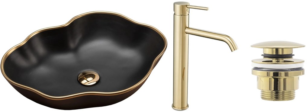 Комплект Умивалник за плот Rea Pearl black matt gold edge + Смесител за баня Lungo gold + Изпускателен клапан gold