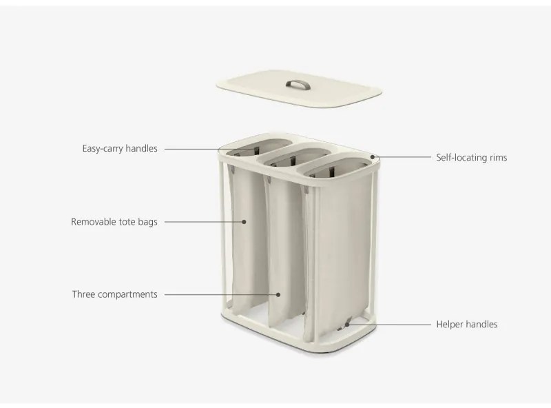 Кош за пране Joseph Joseph 50021, 71х59.1х39.5 см, 90 л, Три разделения, Дръжки за носене и изпразване, Екрю