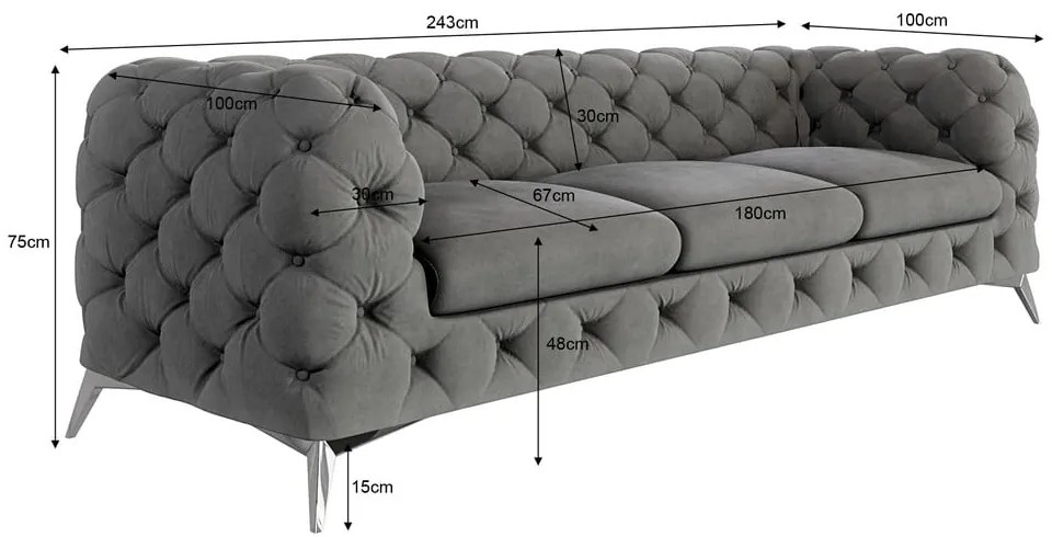 Сив кадифен диван 243 cm Chelsea – Ropez