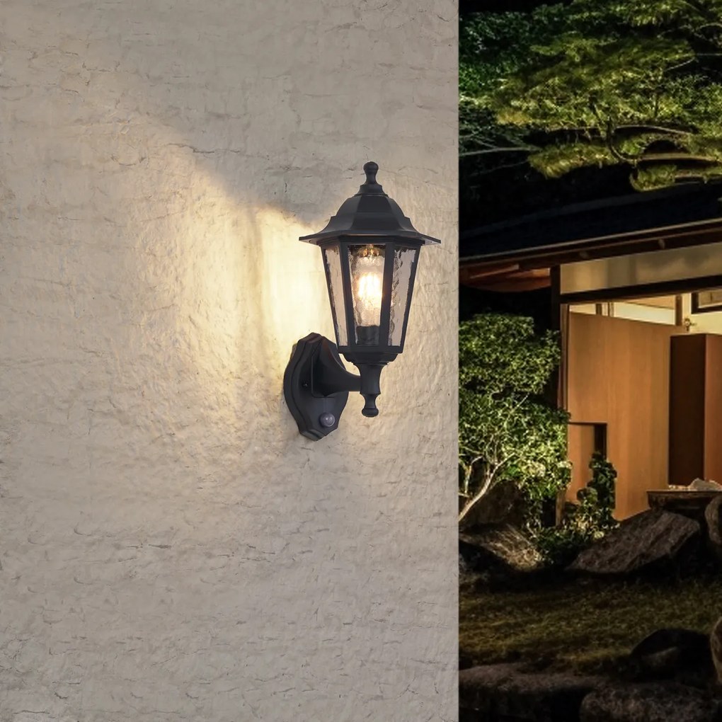 Външна стенна лампа черна със сензор за движение IP44 - New Haven Hammered